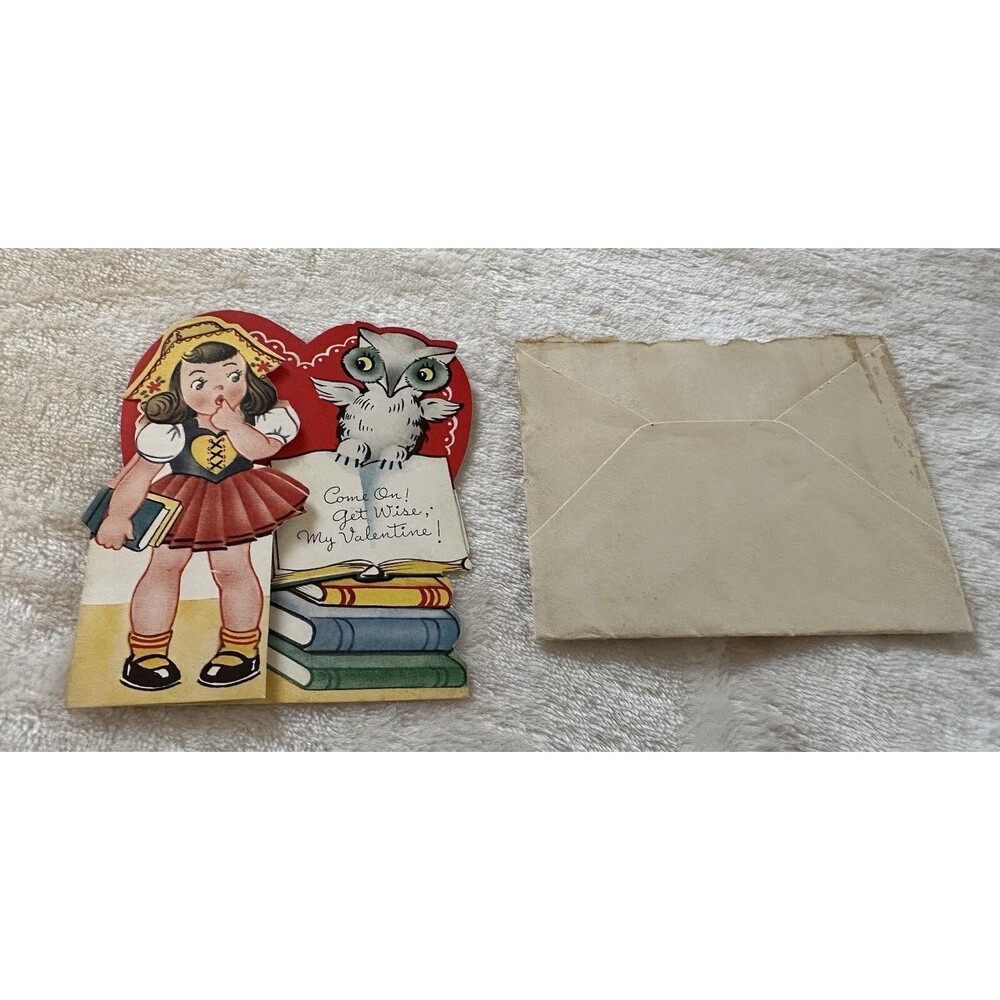 Antique 1900’s A-Meri-Card Valentines Day Card With Envelope Girl Heart Owl Love